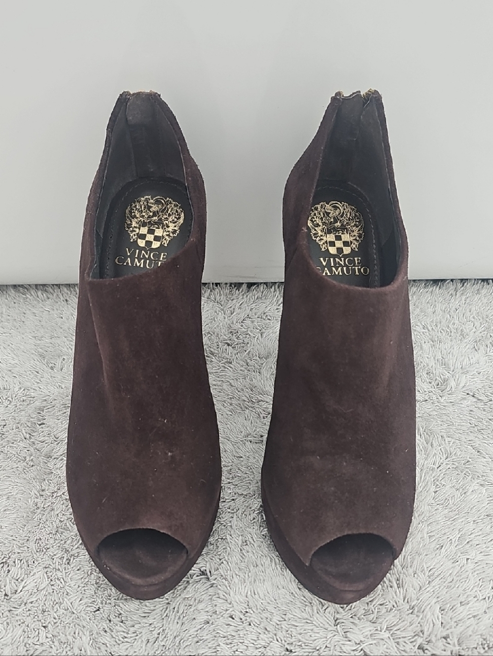 Vince Camuto Dark Brown Suede Peep-Toe Ankle Booties